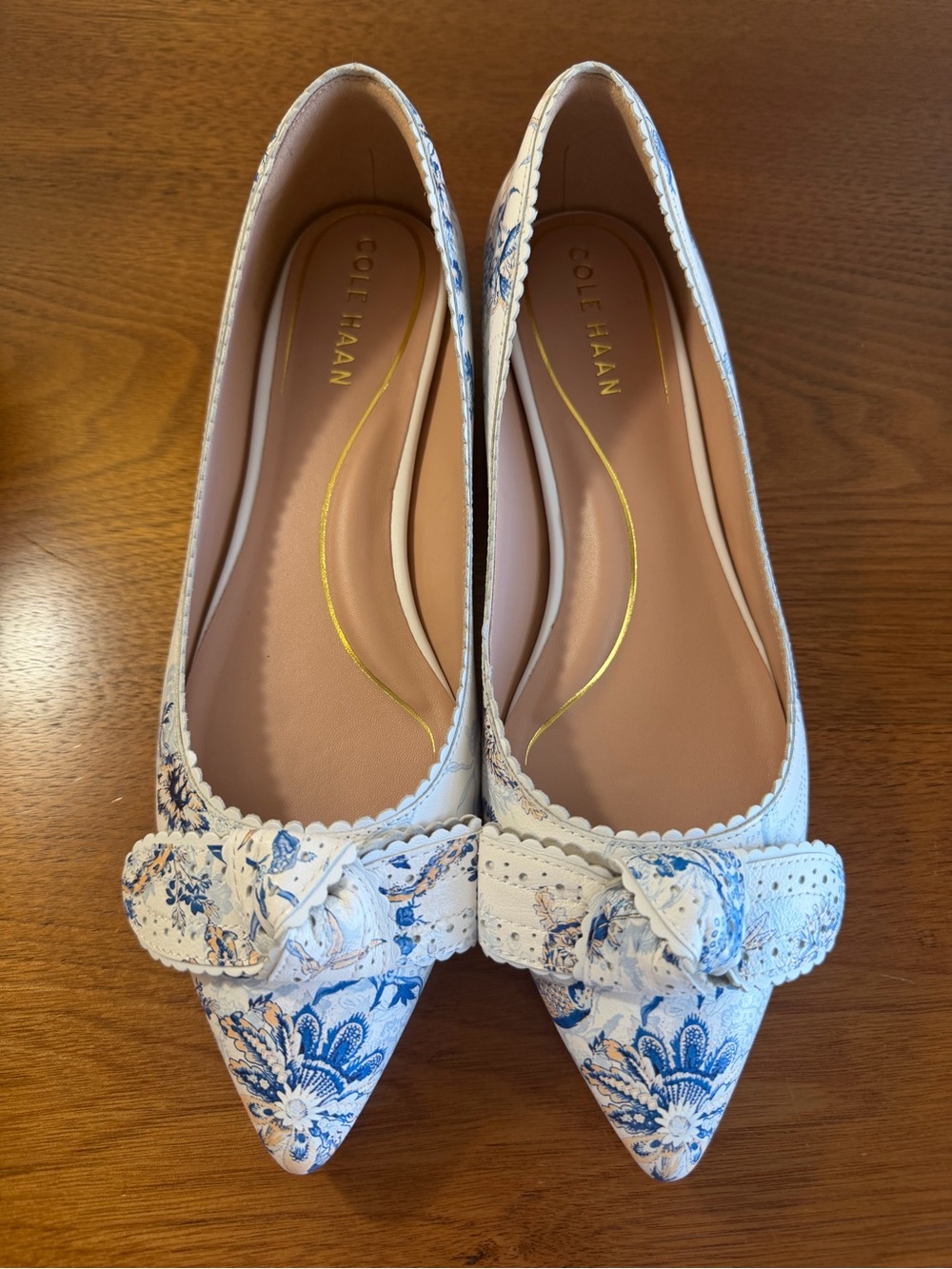 Cole Haan White Floral Pointed-Toe Bow Flats with Blue “Peacock” Print